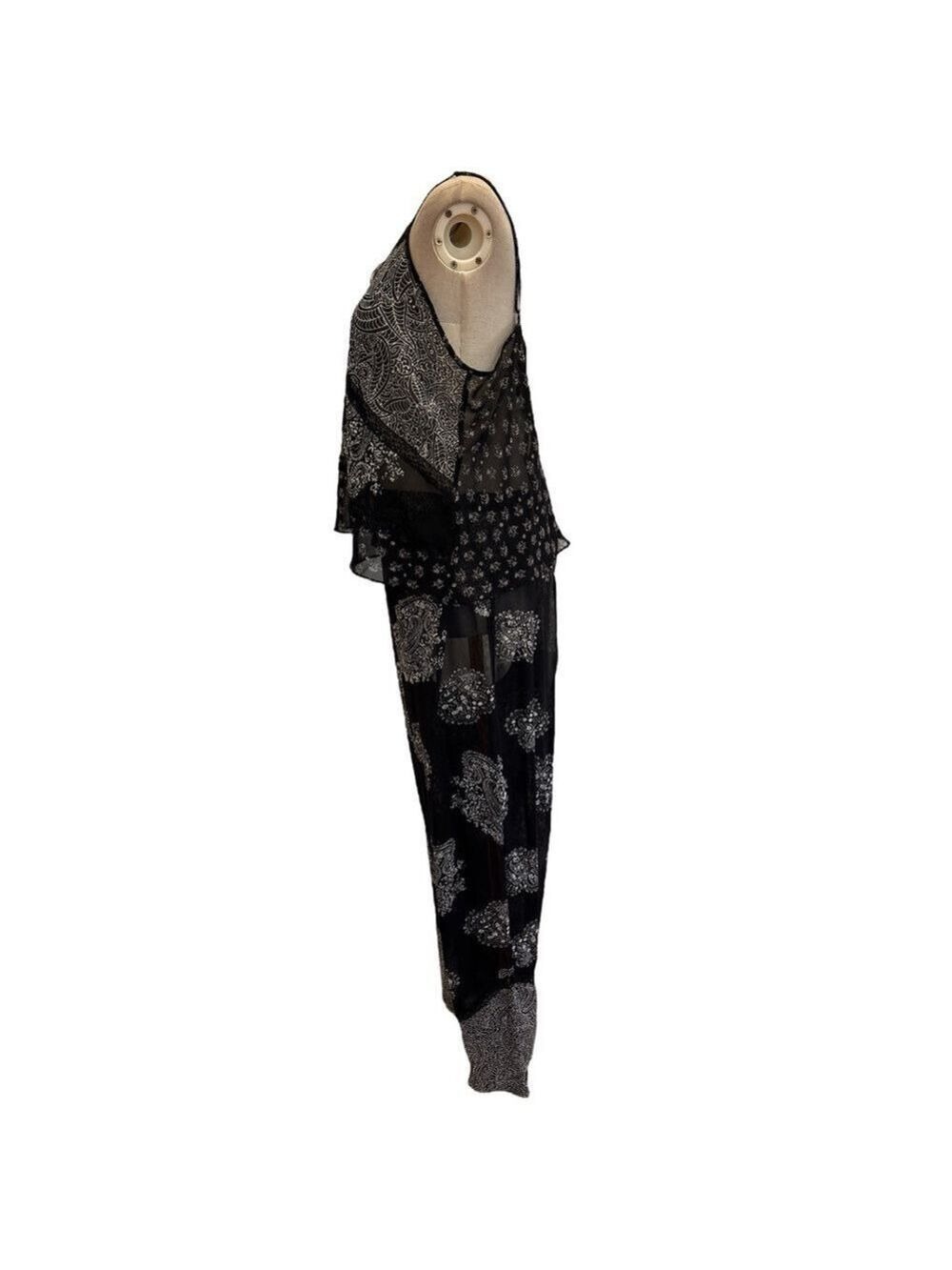 90s 2PC DELICATES BOHO SHEER BLK & CREAM PAISLEY CROP TOP & WIDE LEG PANT SZ XL - Picture 5 of 16